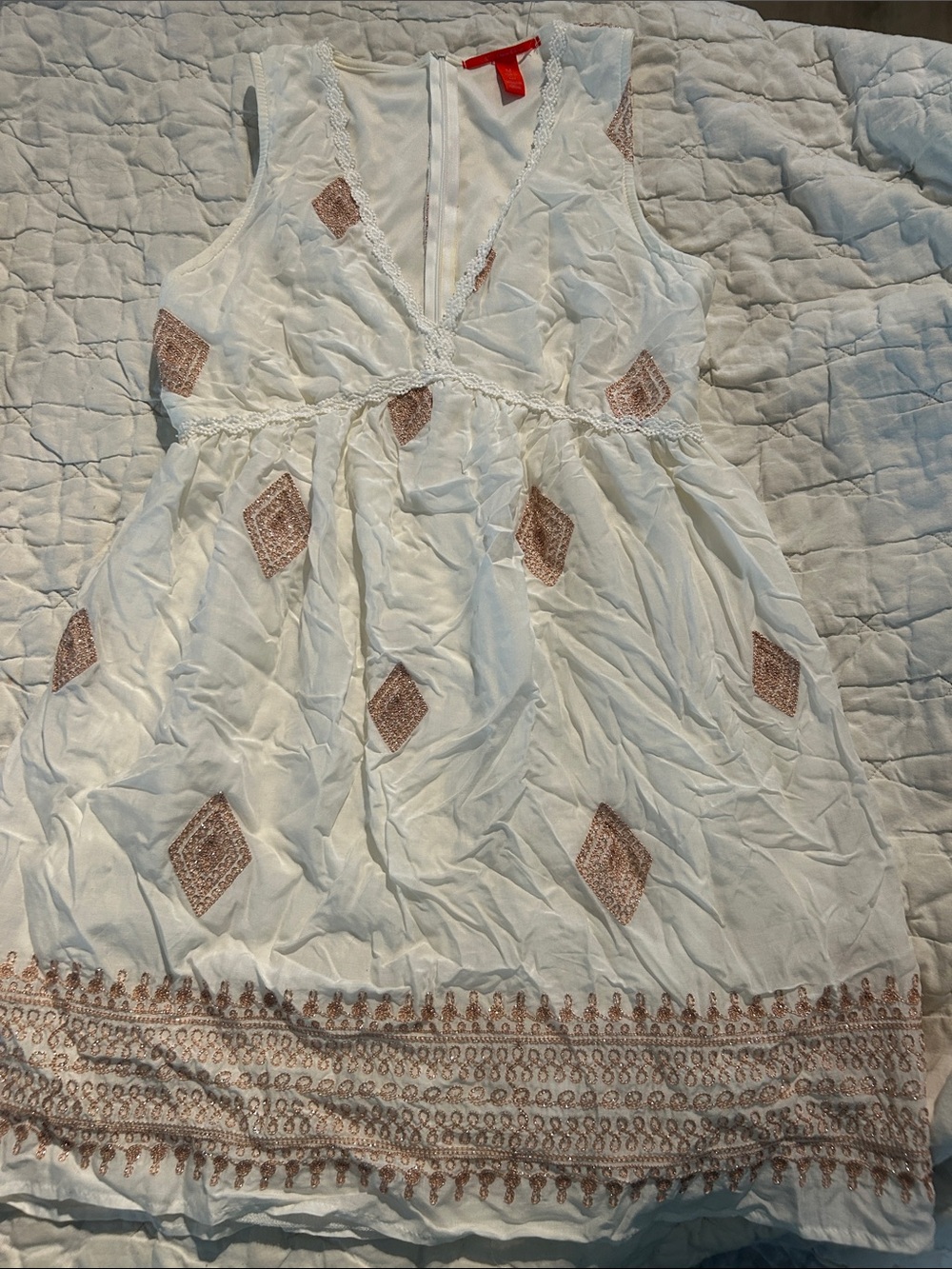 Chelsea & Violet White Sleeveless Dress with Pink-Beige Embroidered Diamonds